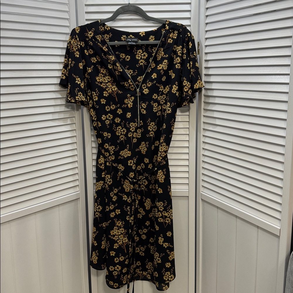 City Chic Black Dress with Yellow Floral Design